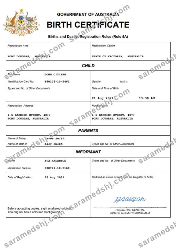 Australia vital record birth certificate Word and PDF template